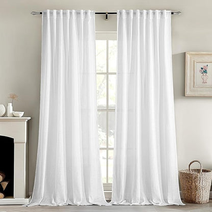 MIULEE White Linen Curtains 104 Inch Long 2 Panels for Bedroom Living Room, Soft Thick Linen Textured Back Tab Window Drapes Semi Sheer Light Filtering Rod Pocket Modern Farmhouse Decor