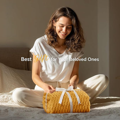 BEDELITE Fleece Blanket Twin Size for Bed Couch, 3D Jacquard Decorative Mustard Yellow Throw, Soft and Cozy Warm Plush Fuzzy Blanket All Seasons Suitable, 60x80Inches