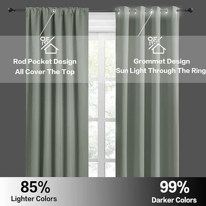 RYB HOME Blackout French Door Window Curtain Covering, Rod Pocket Thermal Insulated Privacy Non See Through Drapes for Bathroom Window, Width 29 by Length 45, Greyish Green, 2 Panels