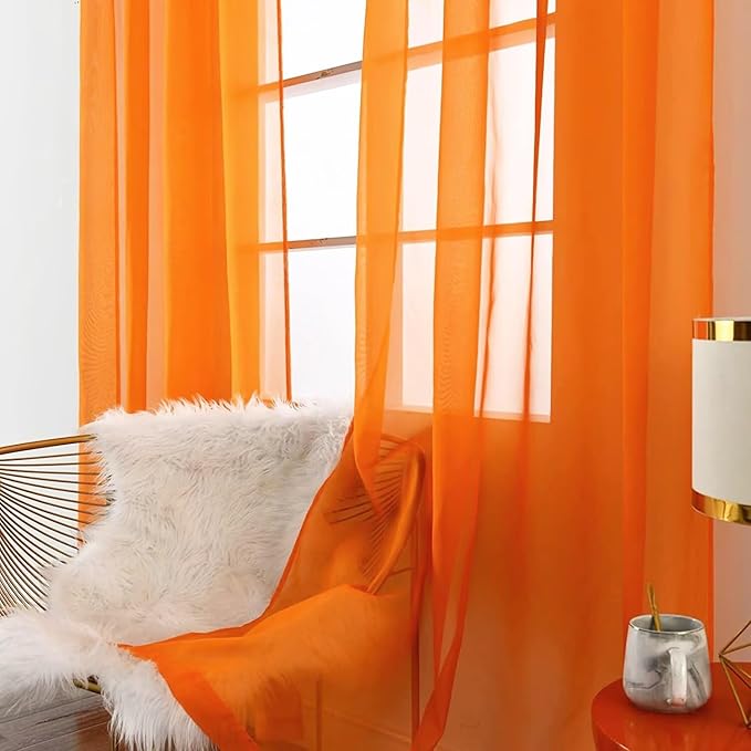 SpaceDresser Orange Sheer Curtains 4 Panels Rod Pocket Semi-Sheer Curtain 96 Inches Long Light Filtering Voile Window Drapes for Bedroom Living Room Kitchen, Each 52W x 96L
