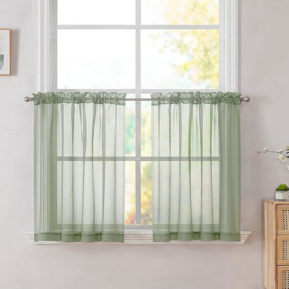 Simplebrand Sage Tier Curtains for Kitchen 24 Inches Long 2 PaSet, Rod Pocket Cafe Curtain Light Filtering Sheer Short Curtains for Bathroom/Basement Half Window 42 x 24 Inch, 2Pcs, Sage