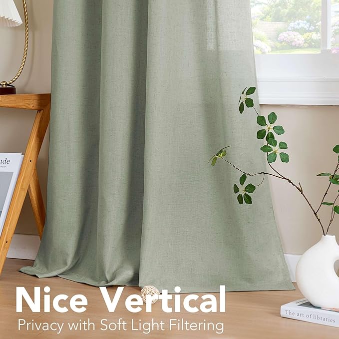 H.VERSAILTEX Living Room Linen Curtains - Semi Sheer, Nickel Grommet, Energy Saving Light Filtering Panels for Bedroom, Sea Grass, 2 Panels, 52 x 72 Inch