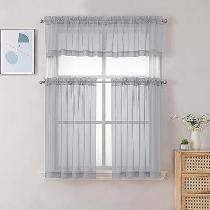 Chyhomenyc Sheer Light Grey Tier Curtains 24 Inch Length, Small Window Curtains Treatment for Bathroom Living Room Basement, Short Rod Pocket Cafe Curtain, 42W x 24L Inches, 2 Panels