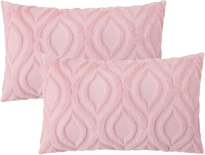 decorUhome Summer Throw Pillow Covers 12x20 Inch Set of 2, Soft Plush Faux Wool Light Pink Solid Couch Pillow Covers, Accent Farmhouse Neutral Rectangle Pillow Cases for Sofa Bed Living Room