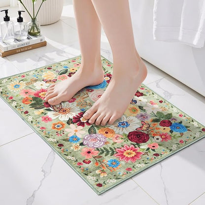 Area rugs 24x17 Inch Home Decor Entry Rug Green, Small Door Mat Bath Mats for Bathroom, Ultra-Thin Non Slip Floral Low Pile Tub Mat for Sink Shower Doorway Tub Kitchen Sink(2 x 1.4 ft, Green Garden)
