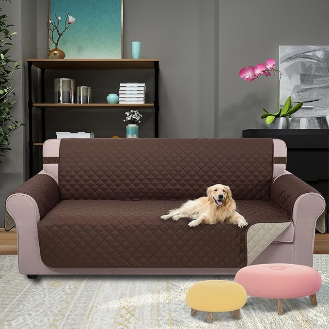 U-NICE HOME Reversible Sofa Cover Washable Couch Cover for Dogs Friendly with Elastic Straps Water Repellent Furniture Protector for 3 Cushion Couch (Sofa, Coffee/Beige)
