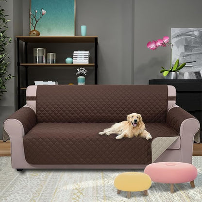 U-NICE HOME Reversible Sofa Cover Couch Cover for Dogs with Elastic Straps Water Repellent Furniture Protector for Pets Couch Cover for 3 Cushion Couch (Sofa, Coffee/Beige) (Pack of 2)
