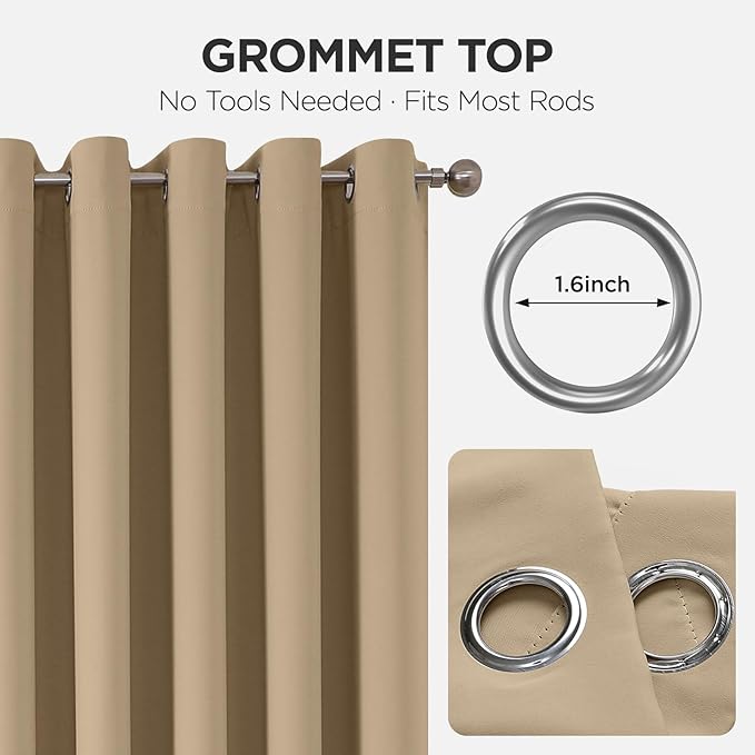 Joydeco Blackout Patio Sliding Door Curtains 96 Inches Long, Grommet Privacy Room Divider Curtains, Extra Wide Thermal Blackout Drapes for Bedroom Living Room (Light Beige, 70Wx96L, 1 Panel)