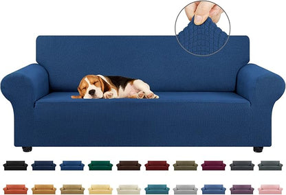 KEKUOU Stretch Sofa Cover Slipcover ，Couch Covers for 3 Cushion Couch Sofa pet Friendly (78"-94") Furniture Protector Sofa with Elastic Bottom for Kids,Dog, Jacquard Small Checked(Large,Classic Blue)
