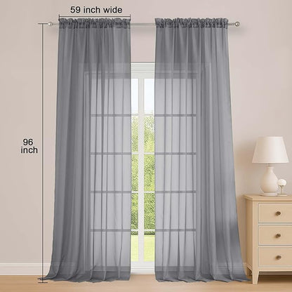 OWENIE Extra Long Grey Sheer Curtains 96 Inches Long 2 Panels Set, Soft Lightweight Airy Voile Sheer Curtain for Bedroom Living Room, Rod Pocket Solid Color Farmhouse Curtains, 59" Wx96 L Inch