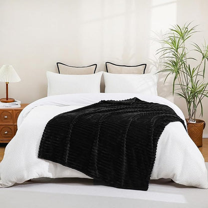 Black Fleece Throw Blanket 90”×90” for Couch Sofa Bed,Super Soft Cozy Plush Microfiber Flannel Blanket with Stripes Design Lightweight for Adults,Woman,Girls