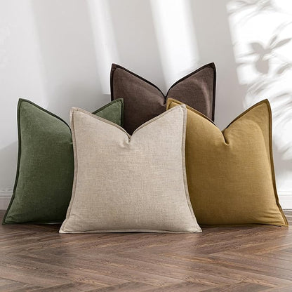 MIULEE Neutral Green/Brown Linen Pillow Covers Pack of 4 Decorative Natural Solid Throw Pillow Covers Soft Accent Boho Farmhouse Couch Pillowcases Spring Decors for Living Room Bed Sofa 24x24 Inch