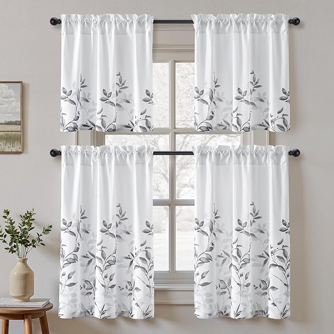 HOMEIDEAS Kitchen Curtains, Short Non-See-Through Privacy 30X24 Inch Length Tier Curtains, Grey and White Leaf Floral Printed Light Filtering Semi Sheer Small Window Drapes for Bathroom Cafe, 2 Panels
