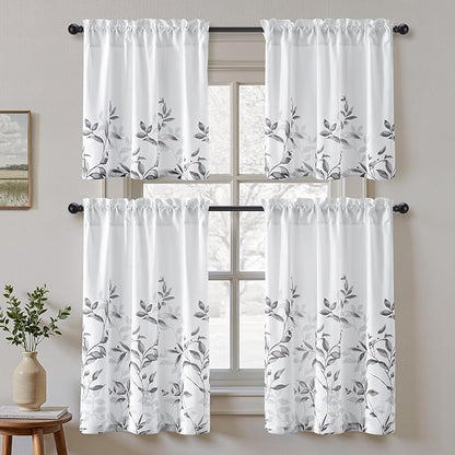HOMEIDEAS Kitchen Curtains, Short Non-See-Through Privacy 30X24 Inch Length Tier Curtains, Grey and White Leaf Floral Printed Light Filtering Semi Sheer Small Window Drapes for Bathroom Cafe, 2 Panels