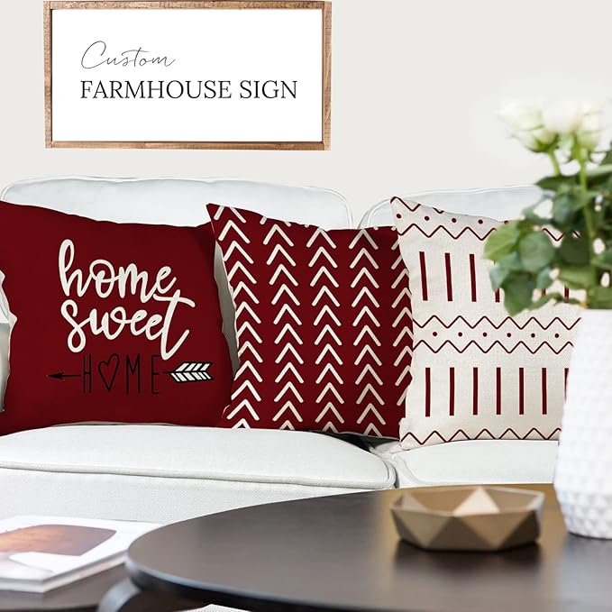 YCOLL Christmas Pillow Covers 22x22 Set of 4, Modern Sofa Throw Pillow Cover for Christmas Decor, Decorative Outdoor Linen Fabric Pillow Case for Couch Bed Car, Wine Red