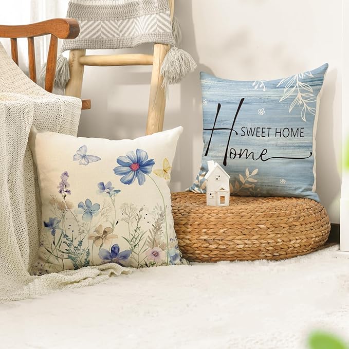 AVOIN colorlife Spring Saying Flowers Butterfly Bird Throw Pillow Covers, 16 x 16 Inch Home Sweet Home Blue Cushion Case for Sofa Couch Set of 4