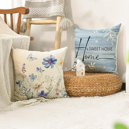 AVOIN colorlife Spring Saying Flowers Butterfly Bird Throw Pillow Covers, 16 x 16 Inch Home Sweet Home Blue Cushion Case for Sofa Couch Set of 4