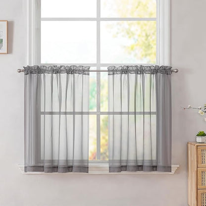 Simplebrand Grey Tier Curtains for Kitchen 24 Inches Long 2 PaSet, Rod Pocket Cafe Curtain Light Filtering Sheer Short Curtains for Bathroom/Basement Half Window 42 x 24 Inch, 2Pcs, Gray