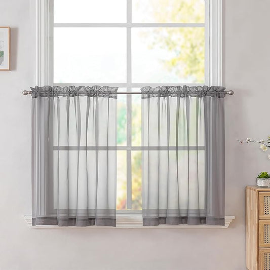 Simplebrand Grey Tier Curtains for Kitchen 24 Inches Long 2 PaSet, Rod Pocket Cafe Curtain Light Filtering Sheer Short Curtains for Bathroom/Basement Half Window 42 x 24 Inch, 2Pcs, Gray