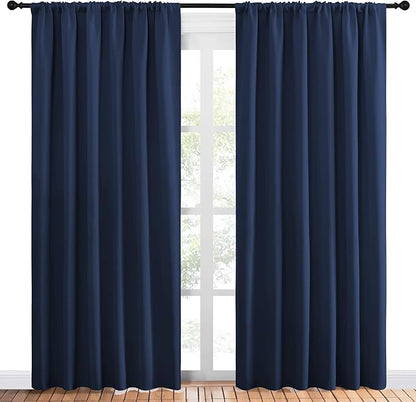 NICETOWN Living Room Curtains, Blackout Draperies, Home Decorations Thermal Insulated Solid Rod Pocket Blackout Drapes for Cafe (Navy, One Pair, 70 x 84-inch)
