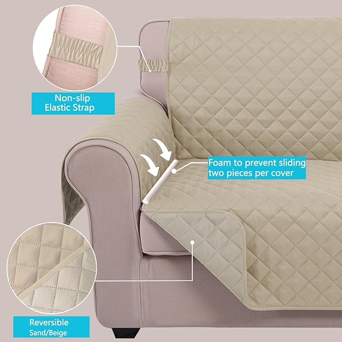 U-NICE HOME Loveseat Sofa Cover Reversible Couch Covers for 2 Cushion Couch for Dogs Furniture Protector Cover with Elastic Straps Water Resistant(Loveseat Small, Sand/Beige)