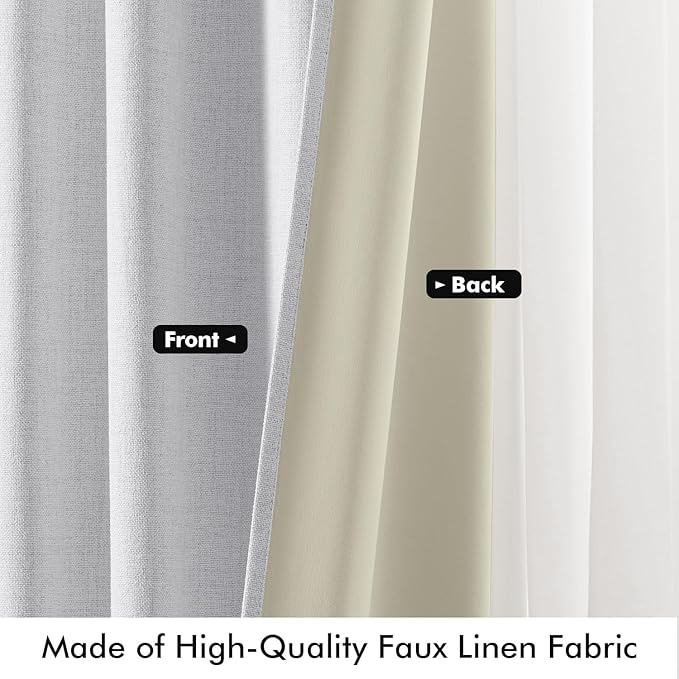 MIULEE 100% Blackout Linen Curtains for Bedroom, Grayish White Solid Luxury Decor Thermal Insulation Room Darkening Drapes for Living Room Nursery Back Tab Rod Pocket 42 x 72 Inches, 2 Panels