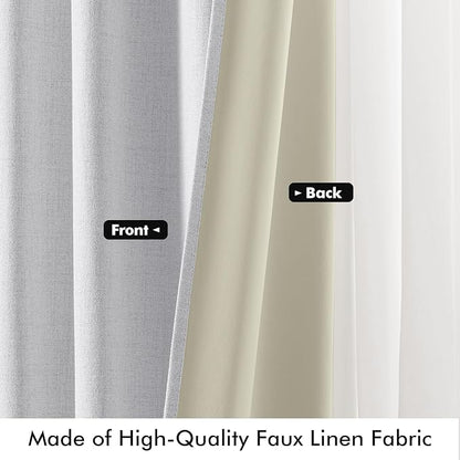 MIULEE 100% Blackout Linen Curtains for Bedroom, Grayish White Solid Luxury Decor Thermal Insulation Room Darkening Drapes for Living Room Nursery Back Tab Rod Pocket 42 x 96 Inches, 2 Panels
