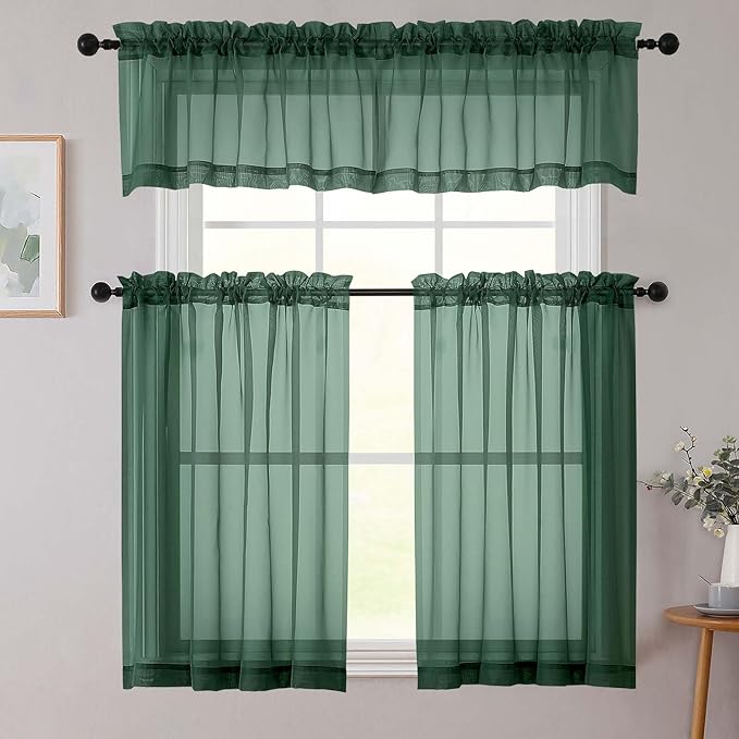 Cafe Curtains 36 Inch Length Tier 2 Pieces, Modern Soft Airy Sheer Kitchen Short Curtains for Small Window, Rod Pocket Small Curtain for Bathroom Basement, Hunter Green, Each, 42"Wx36"L Inch