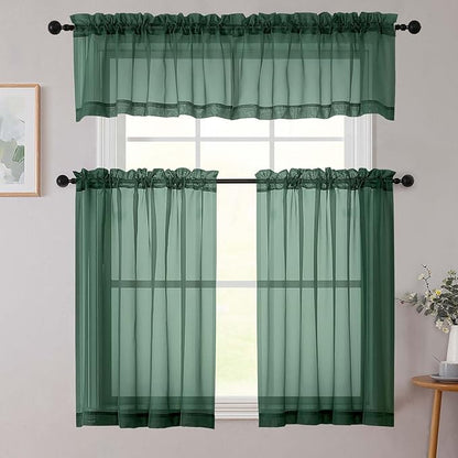 Cafe Curtains 36 Inch Length Tier 2 Pieces, Modern Soft Airy Sheer Kitchen Short Curtains for Small Window, Rod Pocket Small Curtain for Bathroom Basement, Hunter Green, Each, 42"Wx36"L Inch