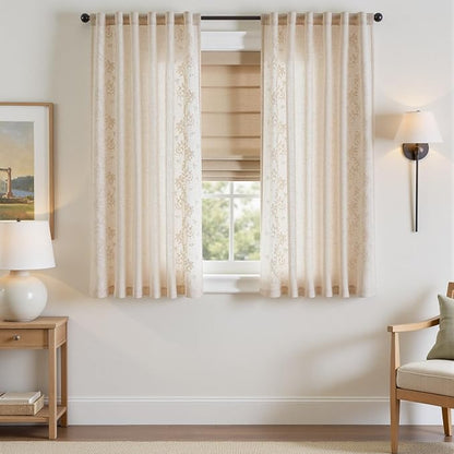 jinchan Evelyn Embroidered Linen Curtains 63 inch Floral Curtains for Living Room Bedroom Farmhouse Cottagecore Semi Sheer Light Filtering Window Drapes Rod Pocket Back Tab 2 Panels W50 x L63 Ivory