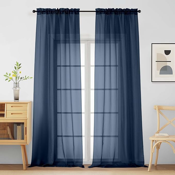 Navy Blue Sheer Curtains for Window 96 Inches Long 2 Panels, Soft Airy Light Filtering Voile Sheer Curtains for Living Room Bedroom, Dual Rod Pocket Elegant Window Drapes, 2x42Wx96L Inches