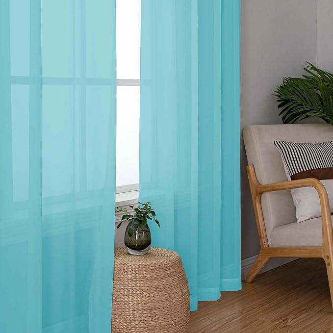 OWENIE Short Aqua Sheer Curtains 30 Inch Length 2 Panels Set, Kitchen Curtains Tiers Light Filtering Rod Pocket Cafe Curtain for Basement Bathroom Small Half Window, 42" W x 30" L, Aqua