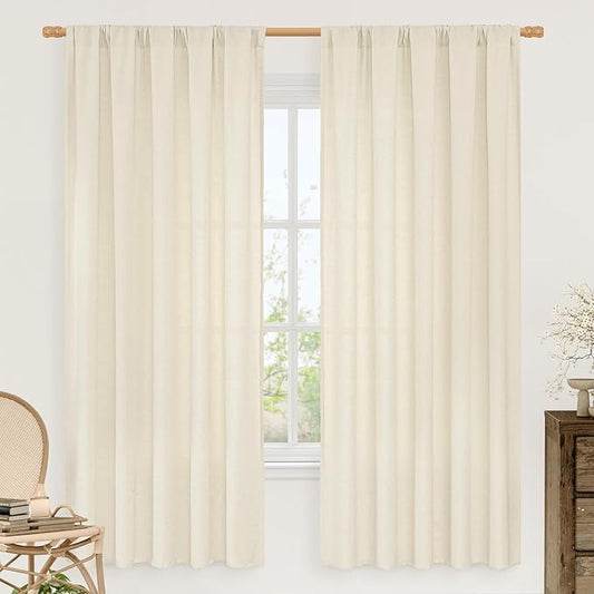 LAMIT Linen Curtains 72 inches Long for Living Room, Soft Thick Linen Privacy Light Filtering Rod Pocket Window Treatments Neutral Drapes for Bedroom, 2 Panels Set, 52 x 72 Inch, Light Beige