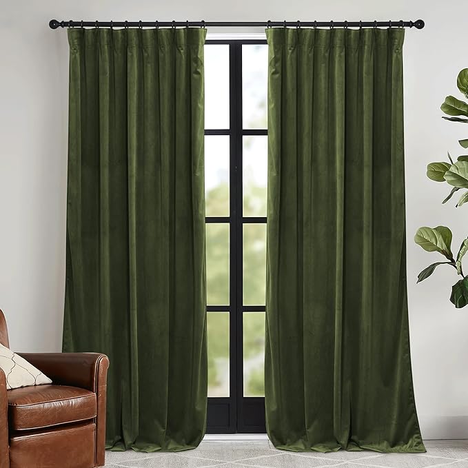 RYB HOME Green Velvet Curtains 108 inch, Solid Room Darkening Window Curtains for Living Room Light & Draft Block Privacy Backdrop with Pleat Tape Pocket& Tabs, Olive Green, W52 x L108 inch, 2 Panels