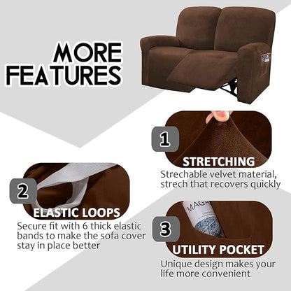 ULTICOR Reclining Love Seat Slipcover, 48" - 65" L, 6-Piece Velvet Stretch Loveseat Reclining Sofa Covers, 2 seat Love seat Recliner Cover, Thick, Soft, Washable (Chocolate)