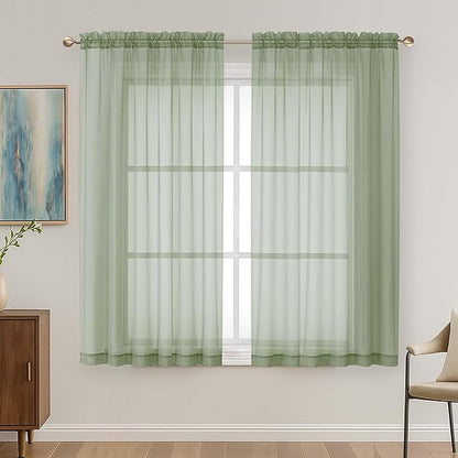 OVZME Sage Green Sheer Curtains 63 Inches Long 2 Panels Set, Light Filtering Sheer Curtains for Living Room Bedroom 59 Inch Extra Wide, Modern Voile Filmy Rod Pocket Window Drapes, 59Wx63L Inches