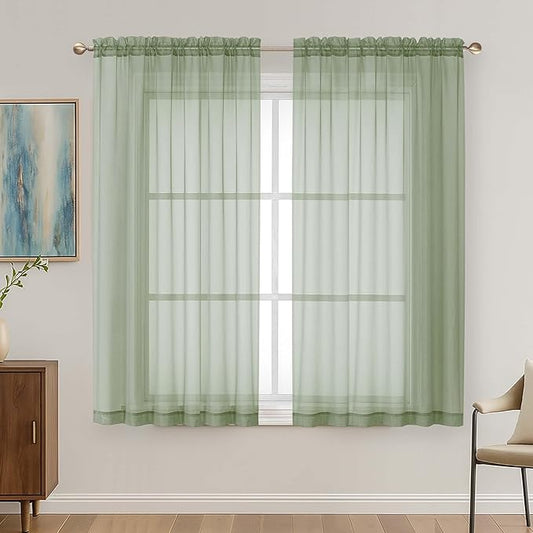 OVZME Sage Green Sheer Curtains 63 Inches Long 2 Panels Set, Light Filtering Sheer Curtains for Living Room Bedroom 59 Inch Extra Wide, Modern Voile Filmy Rod Pocket Window Drapes, 59Wx63L Inches