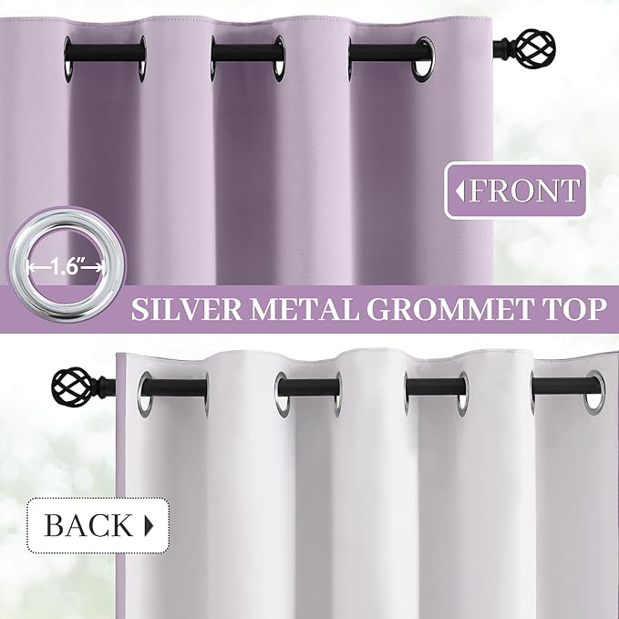 Yakamok Lilac 100% Blackout Curtains 84 Inches Long with 2 Thick Layers-Light Purple Room Darkening Thermal Insulated Window Curtain Set of 2 Panels for Bedroom Living Room 52x84 Inches,Lavender