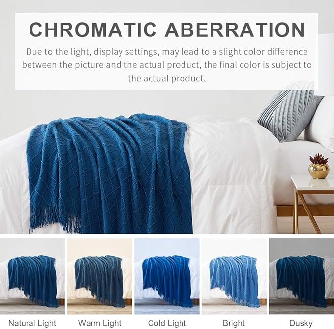 BOURINA Royal Blue Throw Blanket 50x60 Inches Throw Textured Solid Soft Sofa Couch Decorative Knit Blanket