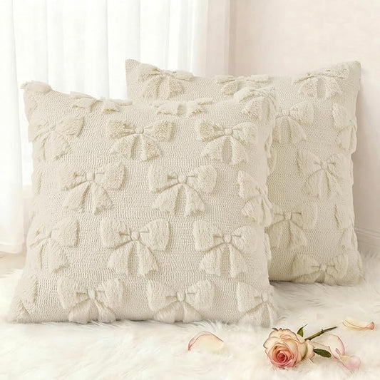 decorUhome Beige Bow Pillow Covers Set of 2 Coquette Aesthetic Cute Preppy Plush Faux Pillowcases for Girly Bedroom or Couch 18x18 Inch