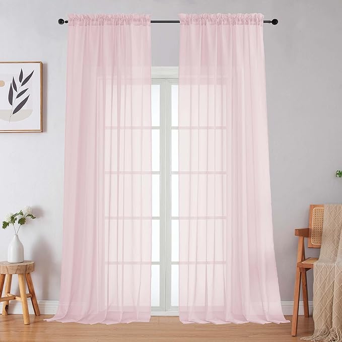 Blush Sheer Curtains for Bedroom Living Room 96 Inches Long 2 Panels, Modern Airy Soft Lightweight Rod Pocket Light Filtering Sheer Curtains Drapes, Blush, Each 59" Wx96 L Inch
