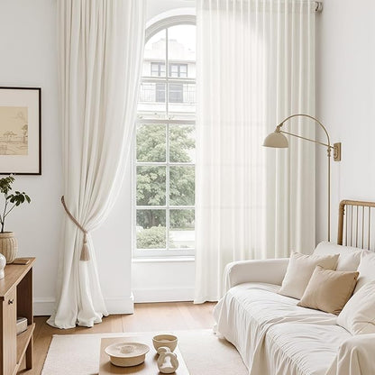 Nanspring Neutral Linen Curtains 90 Inches Long for Living Room Light Filtering Semi Sheer Curtain Coastal Modern Farmhouse Decor Drapes for Bedroom Office Back Tab and Rod Pocket 52x90, 2 Panels