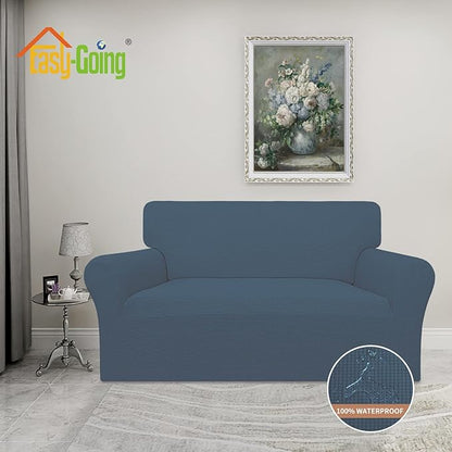 Easy-Going 100% Waterproof Oversized Loveseat Couch Cover, Dual Waterproof Sofa Cover, Stretch Jacquard Sofa Slipcover, Leakproof Furniture Protector for Kids, Pets, Dog and Cat, Bluestone