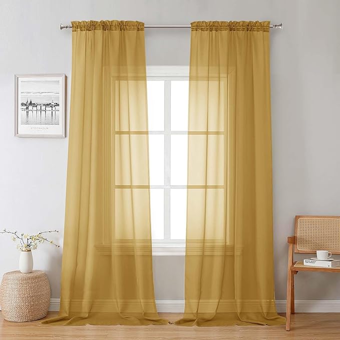 Lecloud Gold Sheer Curtains 96 Inches Long 2 Panels, Breathable Solid Voile Light Filtering Curtain, Lightweight Home Decor Drapes with Rod Pocket for Bedroom Dining Room, Each 42" W x 96" L