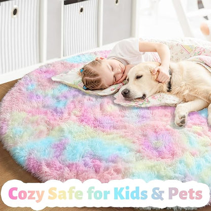 Amdrebio Rainbow Fluffy Round Rug 6Ft Kids Rugs for Girls Bedroom, Unicorn Room Decor, Colorful Pastel Plush Floor Carpet for Playroom Baby Nursery, Cute Shag Kawaii Circle Area Rug for Teen Princess