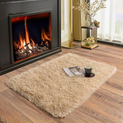 Soft Runner Rugs for Bedroom Hallways, 2 Packs 2x3 Beige Fluffy Shag Throw Area Rug Non Slip for Bedside Dorm, Long Shaggy Furry Carpet for Nursery Living Room