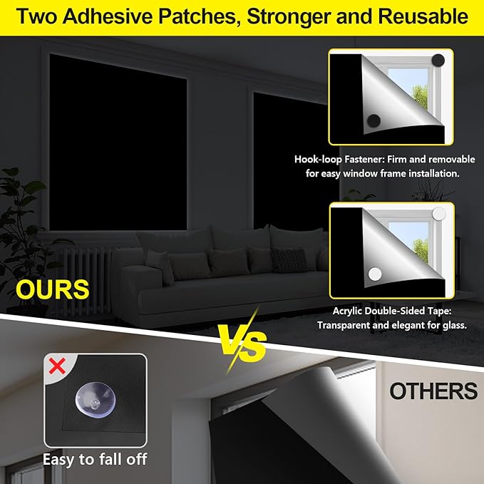 FADOTY Blackout Curtains for Bedroom, Portable 100% Black Out Window Cover Film, Cuttable Blackout Shades Fabric Sheet, No Drill Window Blinds, Sun Heat Light Blocker for Travel Media Dorm, 57'' W