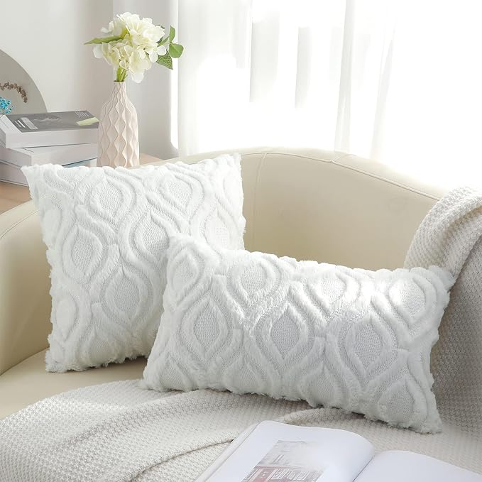 decorUhome Throw Pillow Covers 24x24 Inch Set of 2, Soft Plush Faux Wool White Solid Couch Pillow Covers, Accent Euro Sham Farmhouse Neutral Square Pillow Cases for Sofa Bed Living Room