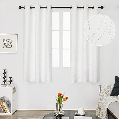 Deconovo White Short Curtains, Room Darkening Curtain, Thermal Insulated Soundproof Drapes, Wave Dots Silver Print, 38 x 45 Inch, Grommet Top, Window Panels for Living Room Bedroom Kitchen, Set of 2