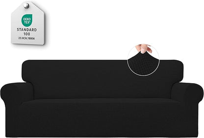 Easy-Going Stretch Sofa Slipcover 1-Piece Sofa Cover Furniture Protector Couch Soft with Elastic Bottom for Kids, Polyester Spandex Jacquard Fabric Small Checks (Sofa, Black)